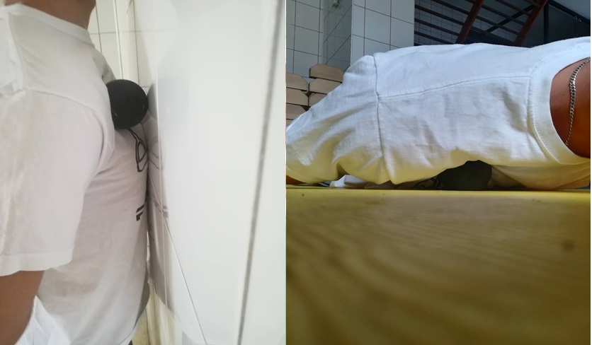 Sposób wykonania masażu przy ścianie (po lewej) oraz w pozycji leżącej na podłodze (po prawej)